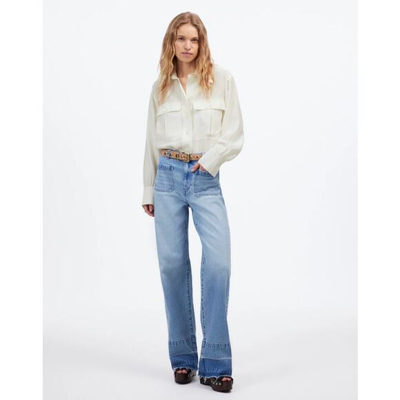 Madewell Silk Utility-Pocket Button-Up Shirt WMNS S Cream Oversized Long Sleeve - Picture 2 of 10